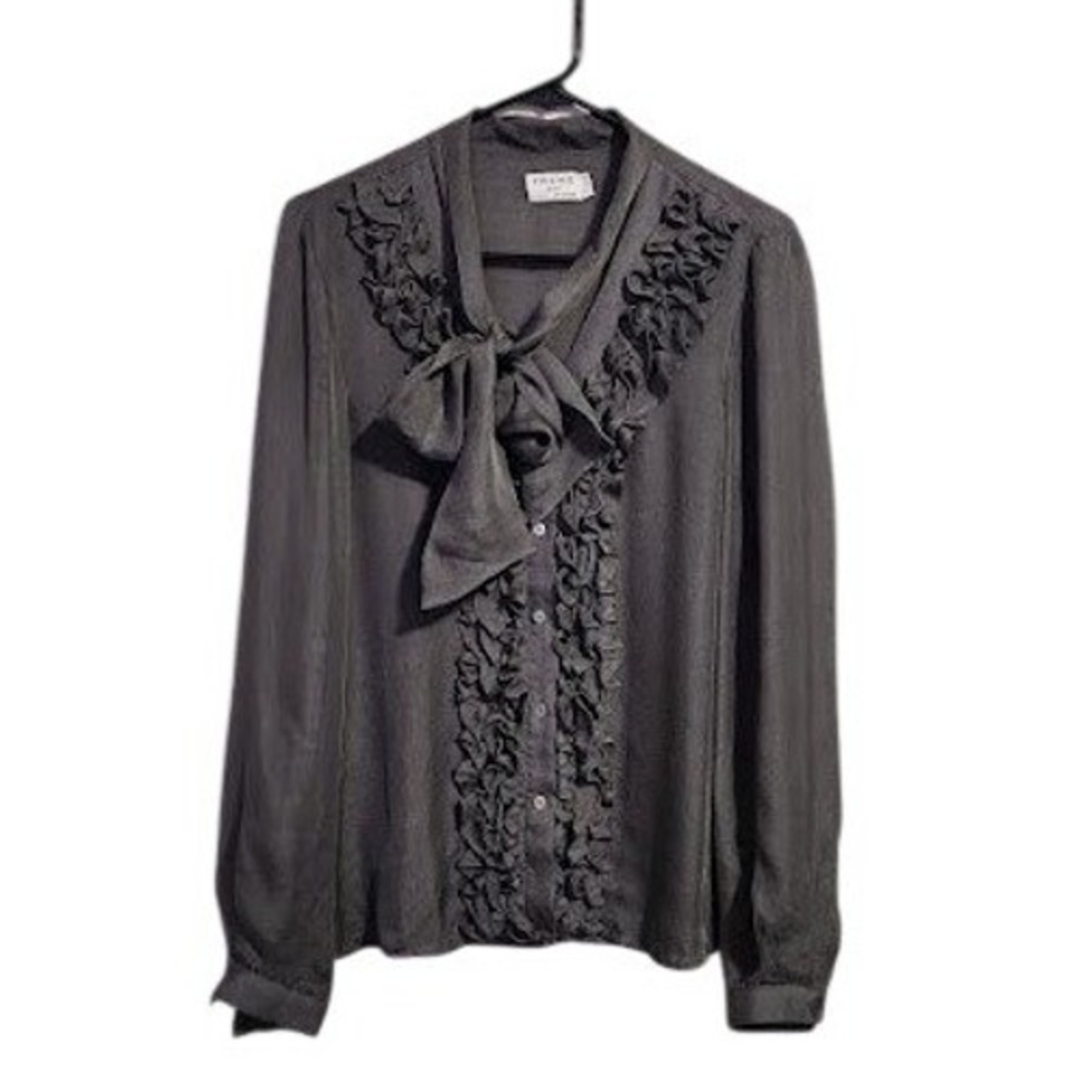 FRAME Silk Ruffle Blouse Charcoal Gray Bow Tie Front Long Sleeve Shirt M
